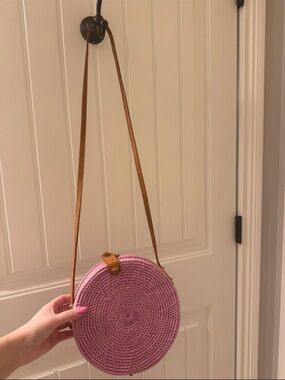 Pink Round Woven Crossbody Bag with Tan Strap